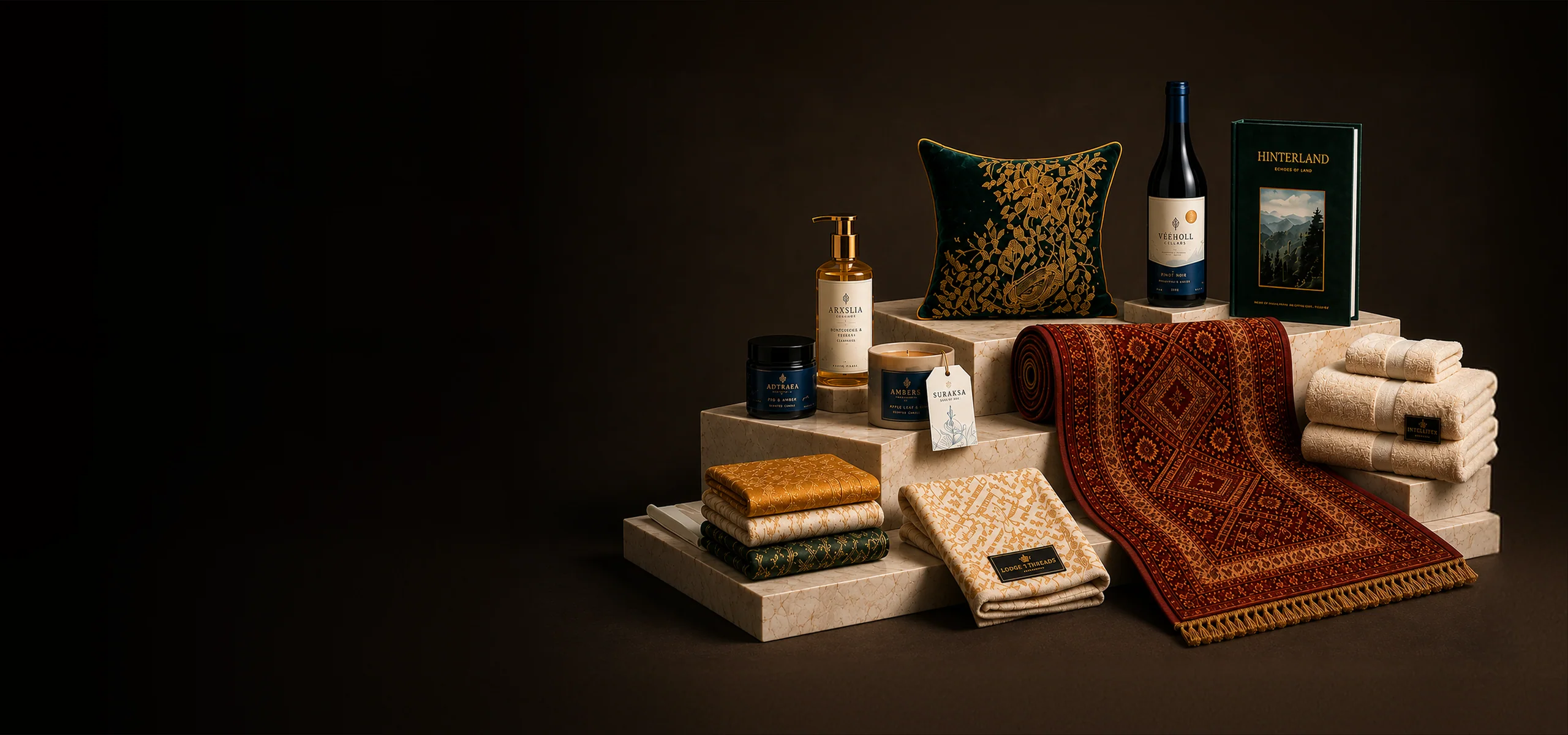 Printed textiles, labelled bottles and a bound book arranged on stone steps